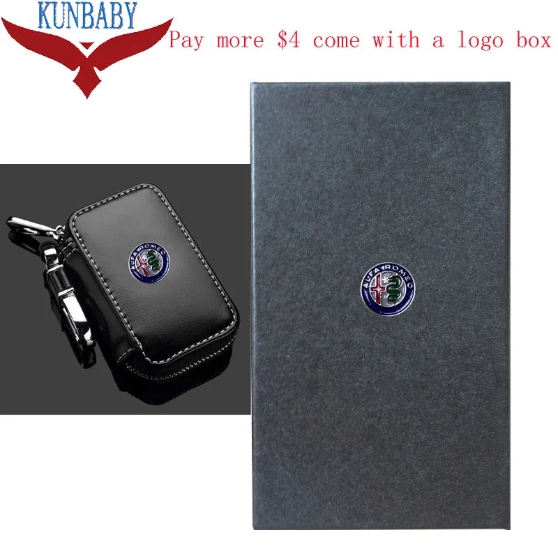 Black with logo box KUNBABY, высокое качество, натуральная кожа, автомобильный брендовый держатель для ключей, Автомобильный ключ, кошельки, брелок для автомобильных ключей, кольцо, чехол, сумка, чехол для Alfa Romeo - Название цвета: Black with logo box