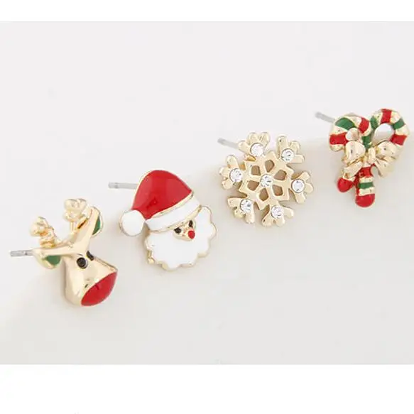 Милые серьги золотого цвета с эмалью елкой оленем бантом гвоздики для девочек на