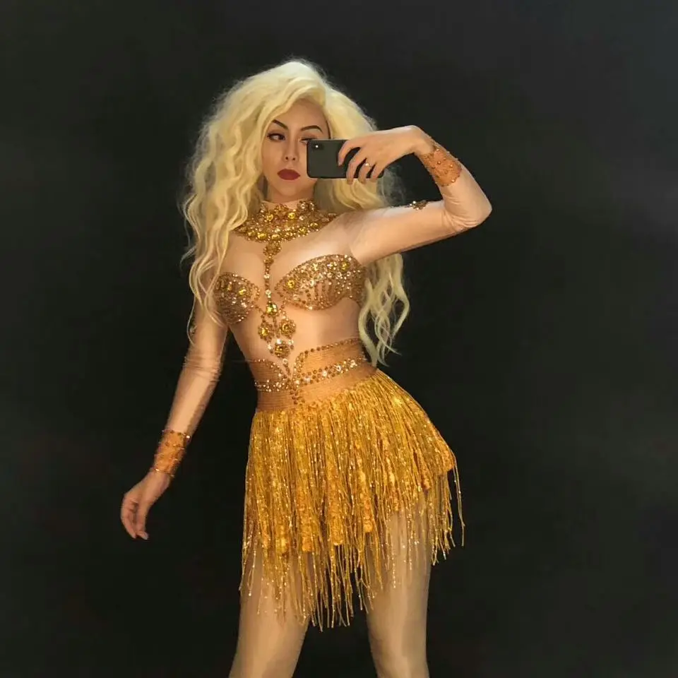 Sparkly Crystal Golden Mini Dress Women Evening Party Wear Full Rhinestones Tassel Dresses Prom Birthday Celebrate Stage Outfits