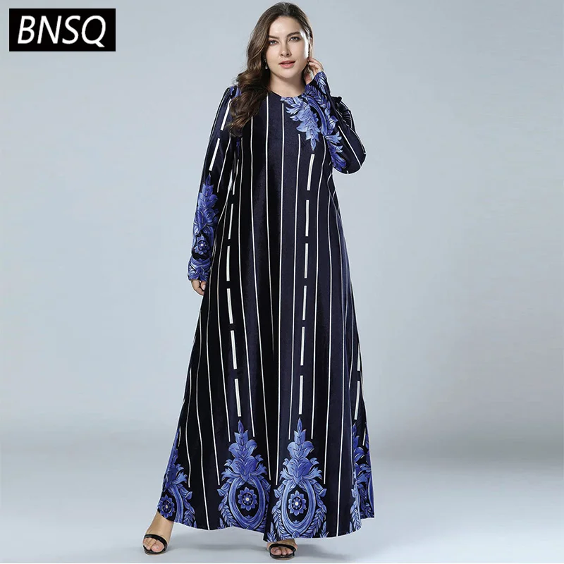 BNSQ Spring 2019 Stripe Patchwork Print Velet Dresses Navy Blue Long Sleeve Round Neck Maxi Dress Women Elegant Casual New | Женская