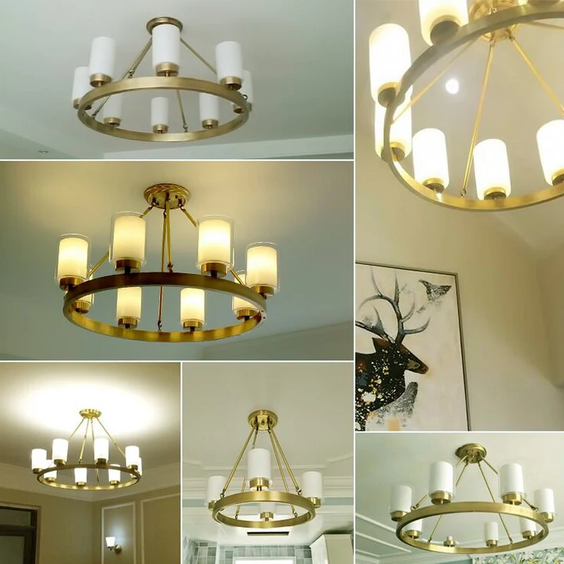 European modern copper chandelier light LED lamp glass brass golden circular round hanging | Лампы и освещение