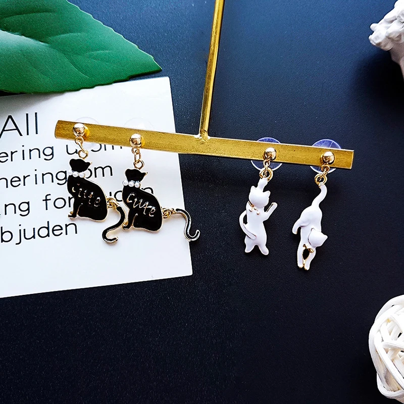 JZTOP Lady Classic Black White Cat Stud Earrings Cute Imitation Pearl Asymmetric Animal Earring For Woman Oorbellen Girl Jewelry | Украшения