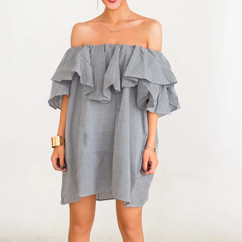 Платье Daily Apparel Women 2019 Fashion Designer Clothing Casual Summer Slash Ruffle Neck Off Shoulder A Line Plaid Beach Mini Dress.