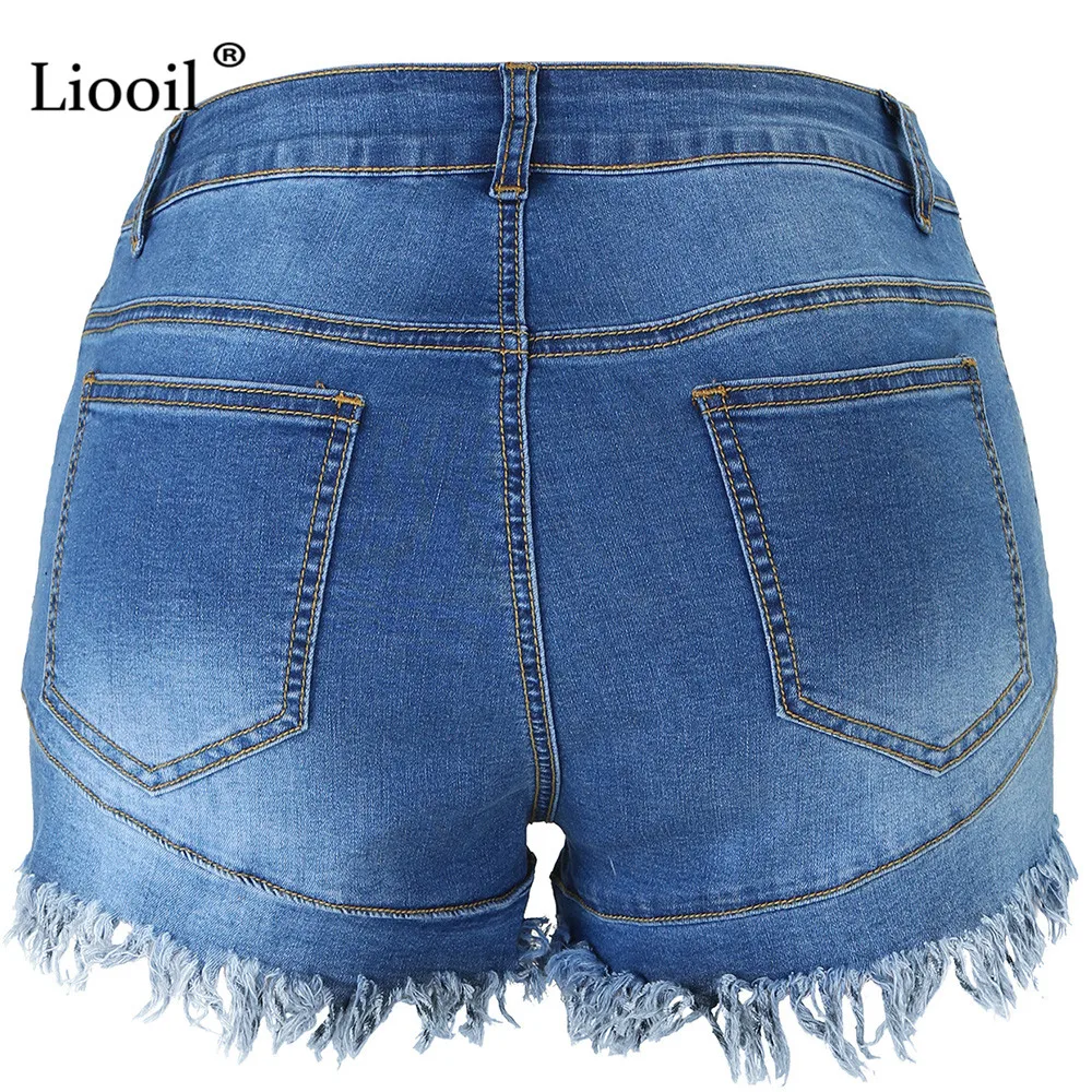 Liooil плюс размеры шорты для женщин для повседневное Лето г. хлопок Sexy Rave Jean Короткие Модные карман на молнии середины талии сини