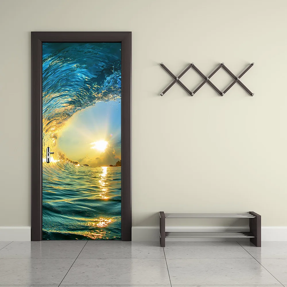 

Fun Life Door Stickers For Bedroom Living Room Sea Sunset Decor Decal Waterproof Vinyl Mural Self-adhesive Door Renew Wallpaper