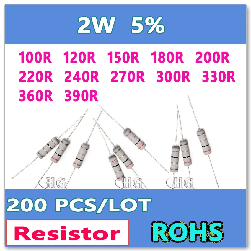 

JASNPROSMA 200PCS/LOT 5% 2W 100R 120R 150R 180R 200R 220R 240R 270R 300R 330R 360R 390R carbon film DIP OHM Resistor