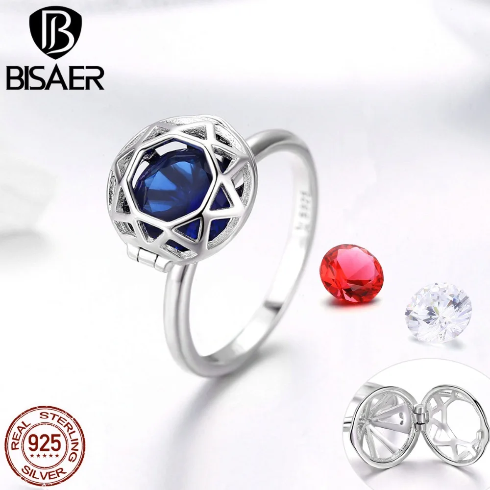 BISAER DIY кольцо 925 пробы, серебро, синий кристалл, красный циркон, простые геометрические кольца на палец, Женское Обручальное кольцо, ювелирное изделие Anel ECR492