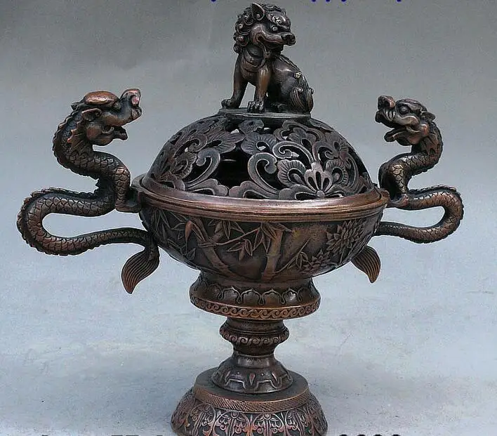 10&quot Old China Bronze Wealth Dragon Lion Plum Orchid Bamboo Incense Burner Censer | Дом и сад