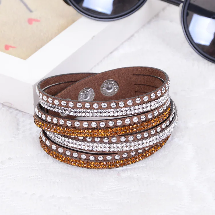 dark brown Длинные кожаный браслет с заклепками Украшенные стразами браслет укутать Многослойные браслеты для женщин feminino браслеты Mulher ювелирные изделия - Окраска металла: dark brown