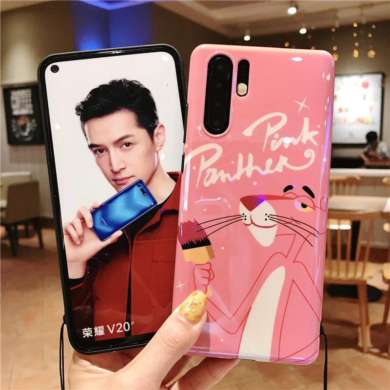 For Huawei P30 pro cute pink panther Soft back phone Cover for P20 mate 20 20X nova4 nova3i V20 Blue Ray cover +Strap |