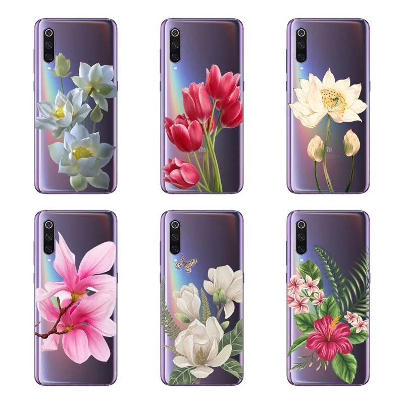 Xiaomi Mi 9 Case Silicon Black Painting Flower Soft TPU Back Cover for SE Protect Phone Cases Shell |