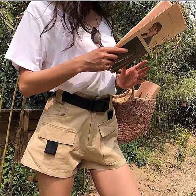 Женские винтажные шорты карго с высокой талией и широкими штанинами однотонные