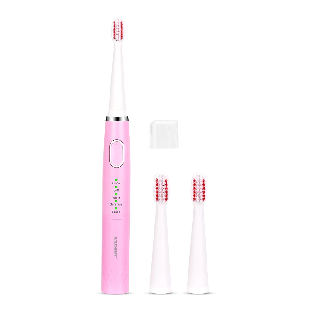 Pink toothbrush AZDENT, 5 режимов, звуковая электрическая зубная щетка, тип батареи, нет, перезаряжаемая зубная Глубокая чистка кистей с 3 мягкими головками для взрослых - Цвет: Pink toothbrush