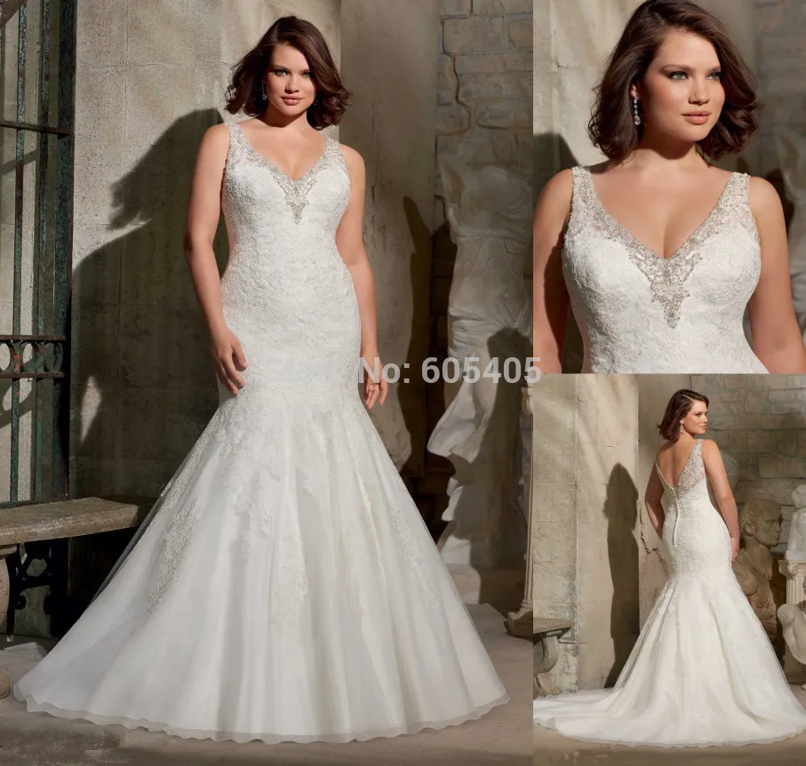 Discount Luxurious Lace Mermaid Wedding Dresses Fat Women 2015 New Arrival Sexy V Neck Backless Gowns Formal Wear Lady Vestido D | Свадьбы и