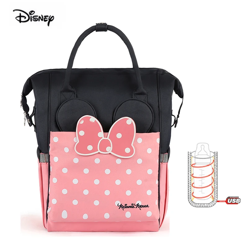 Disney 2019 Minnie Fashion Mother Bag Large Capacity USB Heater Insulation Pink Diaper Nappy Backpack Baby Bag For Mom