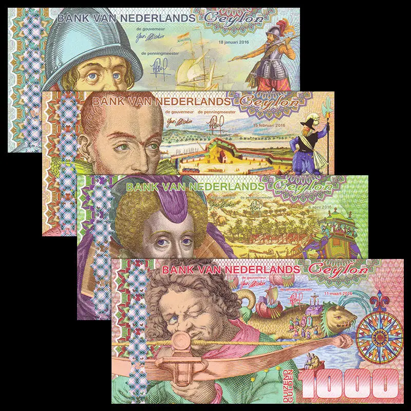 Набор бумажных нот Netherland Ceylon 4 шт. 50 100 500 1000 гулден 2016 необычный полимер UNC