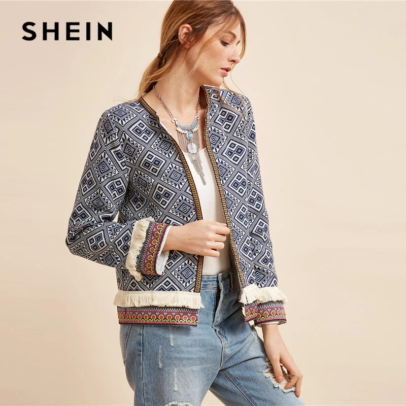 SHEIN, разноцветная куртка с бахромой, с этническим принтом, вышитая лента, пальто для женщин, осень, длинный рукав, народный принт, повседневная верхняя одежда, пальто