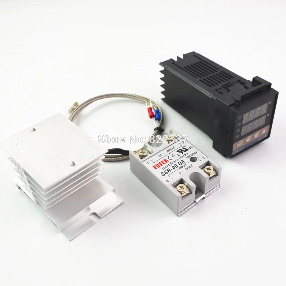 Цифровой контроллер температуры 100-240VAC PID REX-C100+ max.40A SSR+ K термопара, PID контроллер комплект+ радиатор