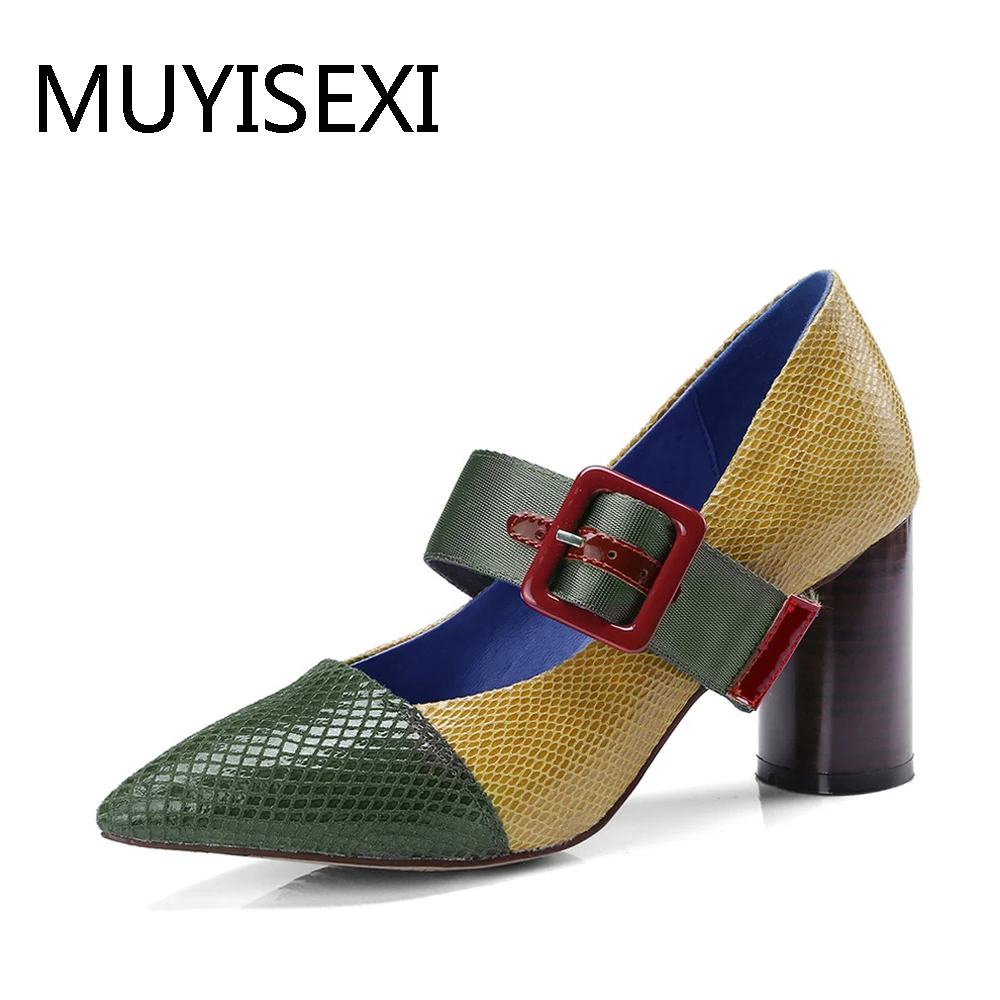 Туфли лодочки женские из натуральной кожи с острым носком на толстом каблуке 7 5