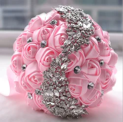 Розовый Bling Кристалл Брошь Свадебный букет Искусственные цветы розы подружки невесты ручной работы на заказ Малый атлас - Цвет: Розовый