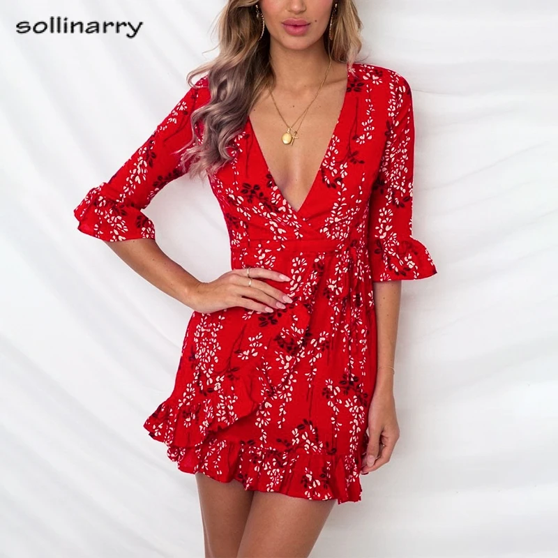Sollinarry 2019 красное сексуальное летнее платье с рукавом-бабочкой v-образный вырез