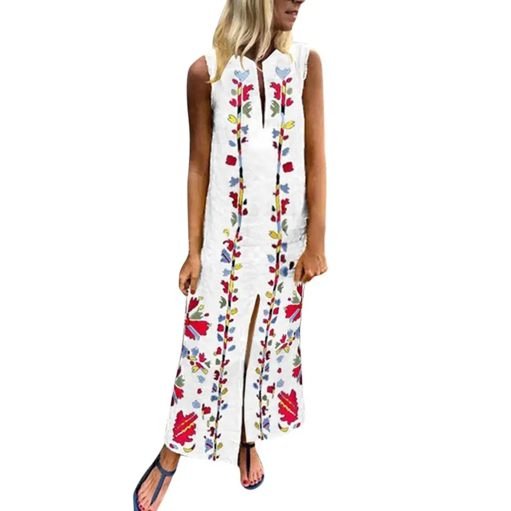 2019 для женщин с цветочным принтом DressSummer сексуальное платье без рукавов Вечерние