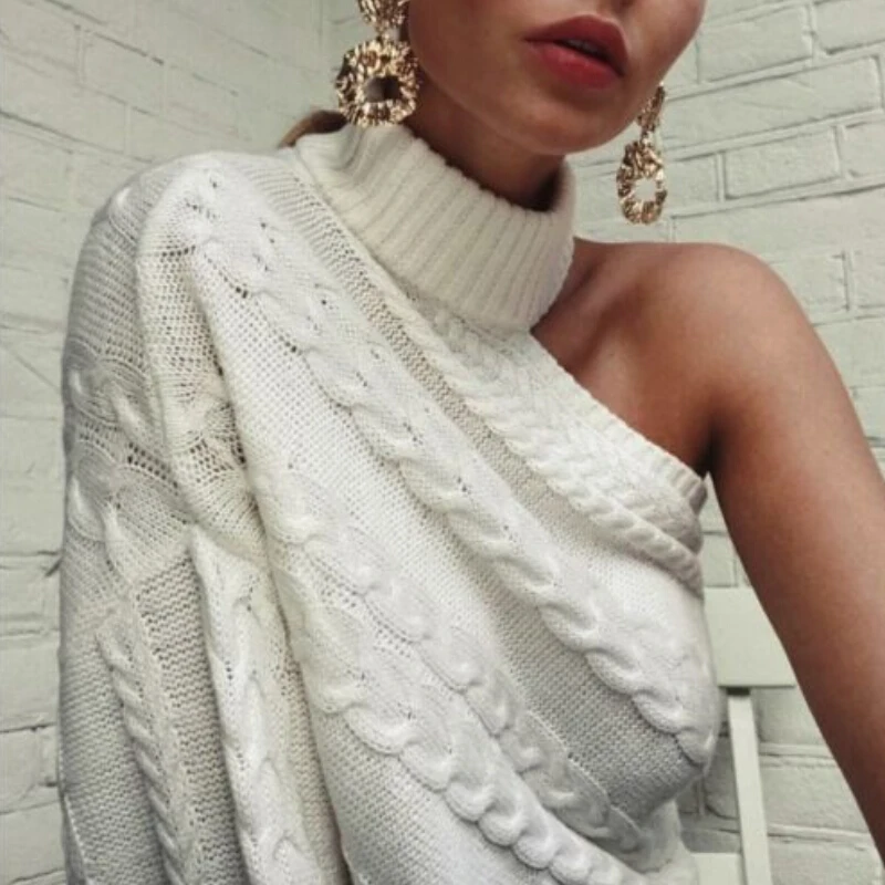 Women Knitted Sweater One Shoulder Turtleneck Pullover Tops Solid Color High Neck Sweaters Cold Knitwear Female Outwear | Женская одежда