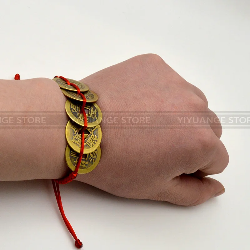 Латунный Китайский древний Монетный красный веревочный браслет Регулируемая