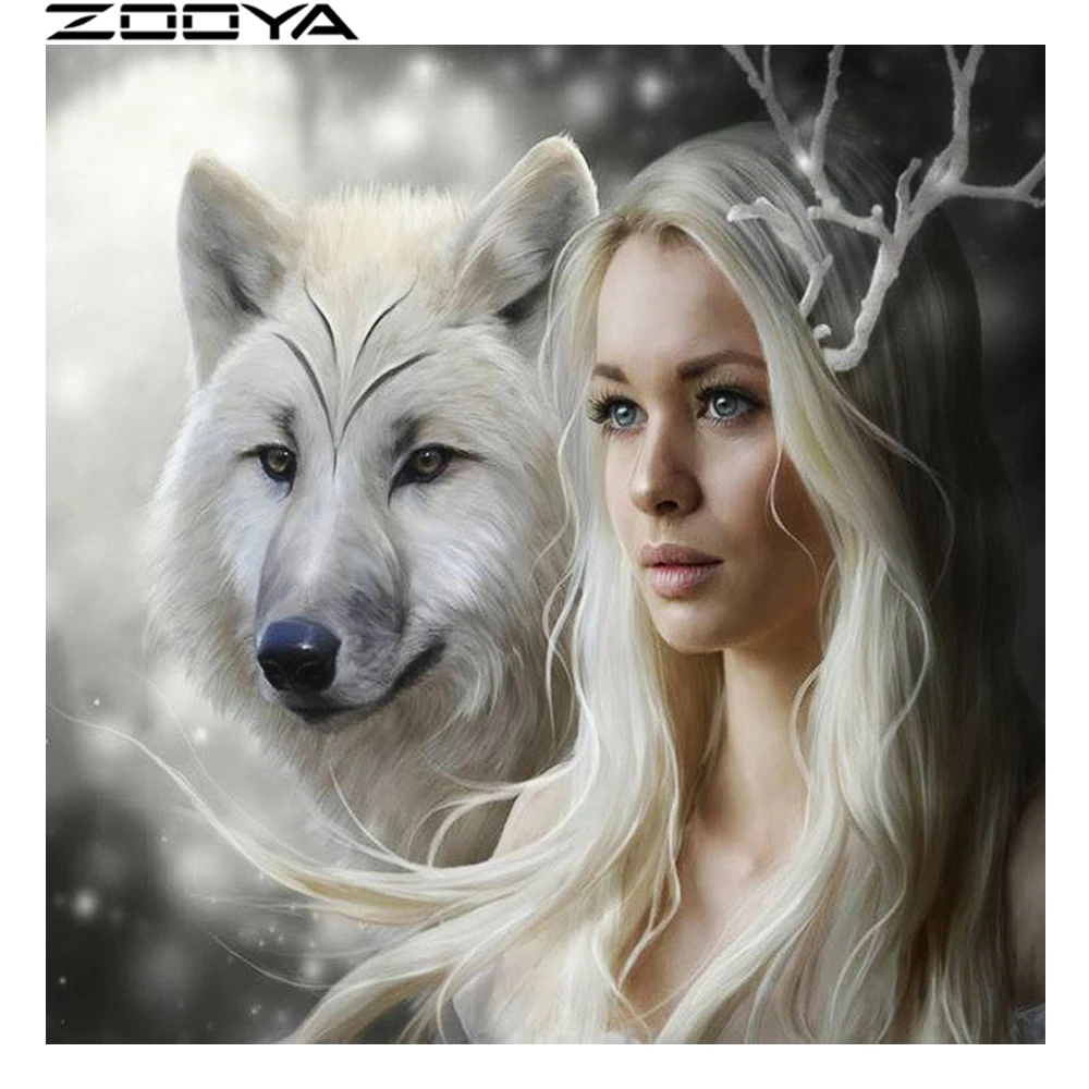 

ZOOYA Diamond Embroidery 5d DIY Needlework Full Drill Diamond Painting Mosaic Pattern White Wolf And White-Haired Woman R801