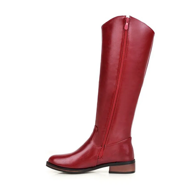 Taoffen Side Zipper Women Knee High Boots Round Toe Solid Color Flats Shoes Winter Warm Pu Leather Footwear Size 32-43 | Обувь
