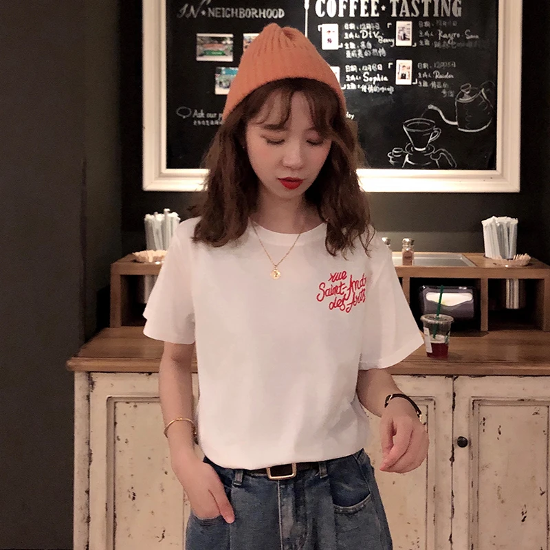 Корейский принт с буквами уличная Летняя женская футболка коротким рукавом и