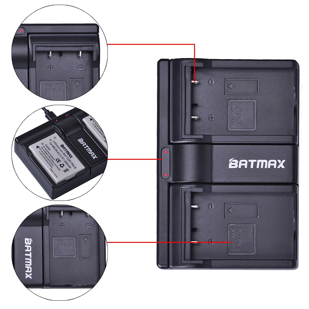 Аккумулятор Batmax ENEL5 2 шт. зарядное устройство USB с двумя слотами для NIKON Coolpix P530 P520