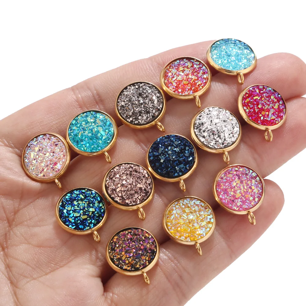 10pcs 12mm Round Resin Druzy Stainless Steel Stone Post Earring Findings with Loop Gold Stud Earrings Supplies | Украшения и