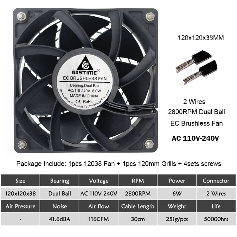 EC 110V-240V 2800RPM Gdstime Вентилятор охлаждения 120 мм 12 см 12038 мм x 120 мм x 38 мм чехол для компьютера вентилятор 12 В 24 в 48 в 120 в 110 в 115 в 220 в 240 В шариковый охлаждающий кулер - Цвет лезвия: EC 110V-240V 2800RPM