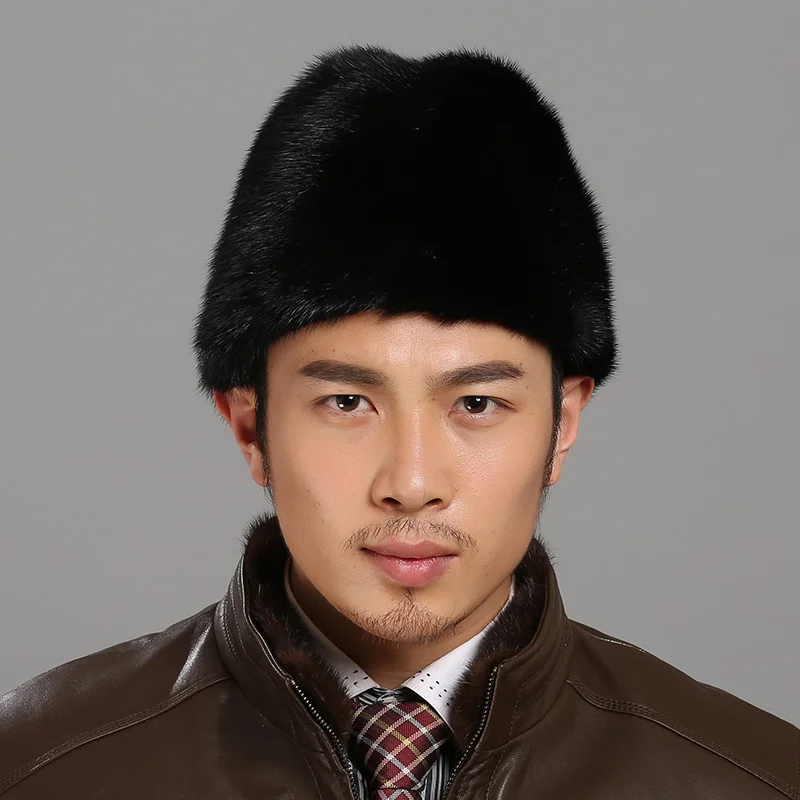 Fur Hat For Men Real Mink Fur Warm Hand Made Hat  Father's Day Winter Cotton&Polyester Lining Vintage Gentleman Russian Hat