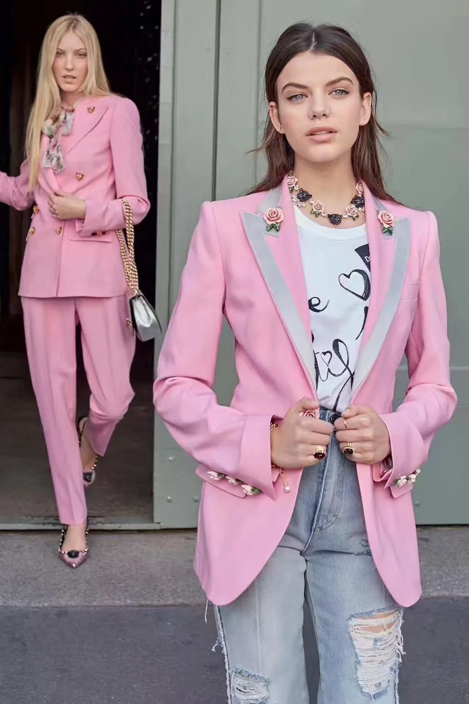 European and American women's 2020latest star stereo three-dimensional rose buckle printing lined pink slim suit jacket