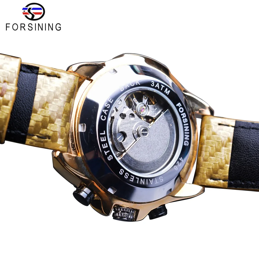 Forsining Automatic Self-Wind Movement Black Men Watch Golden Multifunction Date Polished Leather Fashion Mechanical Male Clock | Наручные
