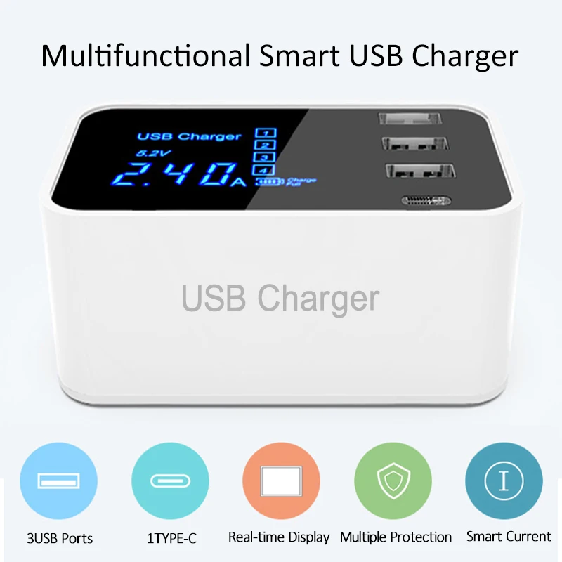 Быстрое зарядное устройство type C USB адаптер концентратор светодиодный дисплей