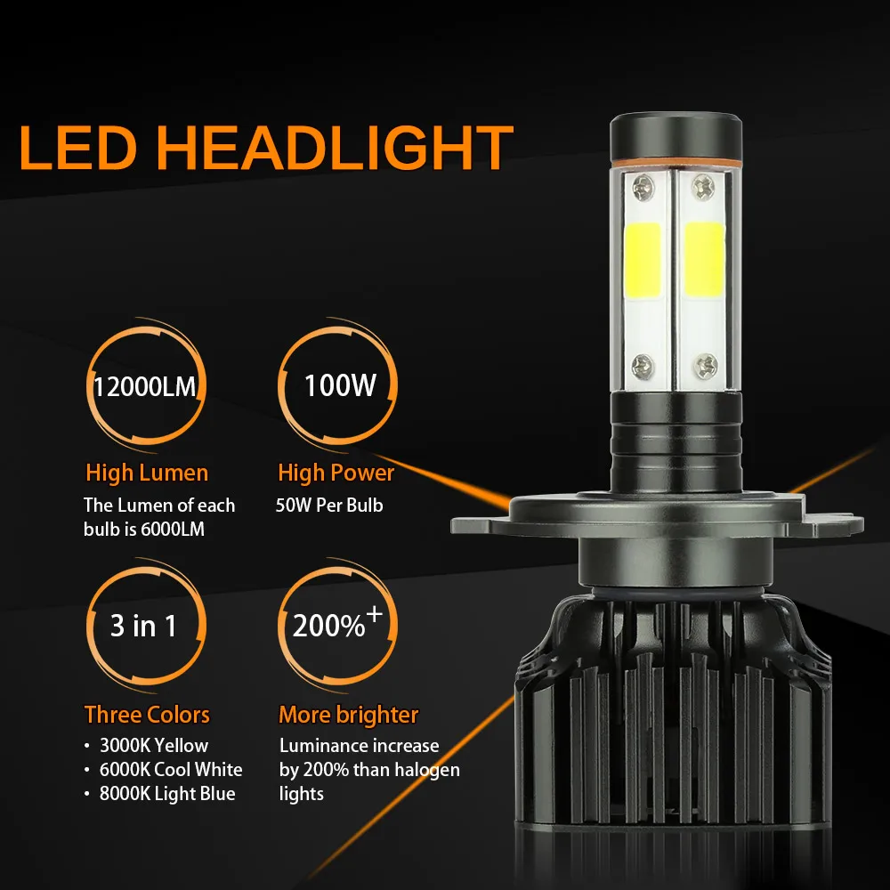 Zdatt H4 светодиодный фары 9003 HB2 ходовые огни лампы 100W 12000LM 3000K 6000K 8000K Противотуманные