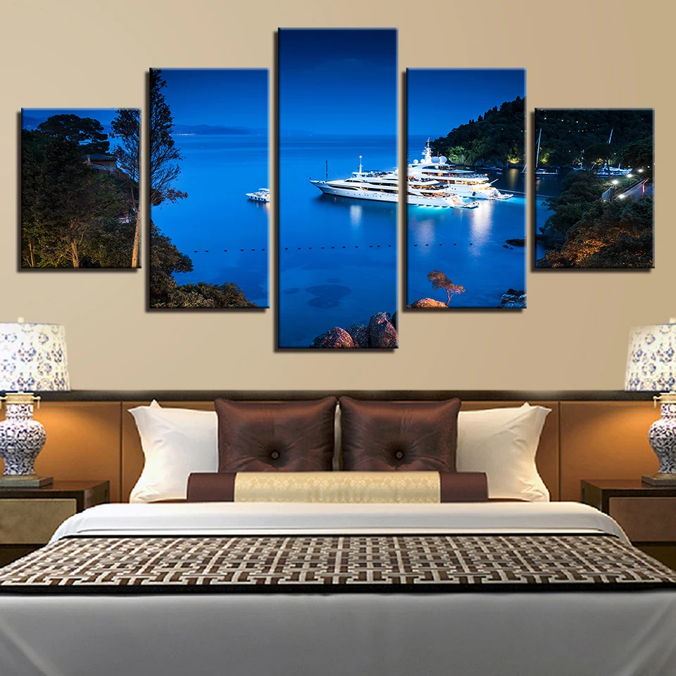 Настенная картина с рамкой 5 шт. корабль и Зеленая гора морской пейзаж живопись