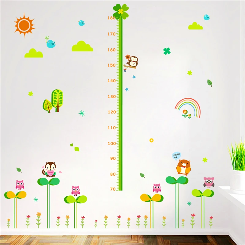 lovely owl squirrel birds flower height measure wall stickers for kids rooms cartoon animals growth chart decals art mural | Дом и сад