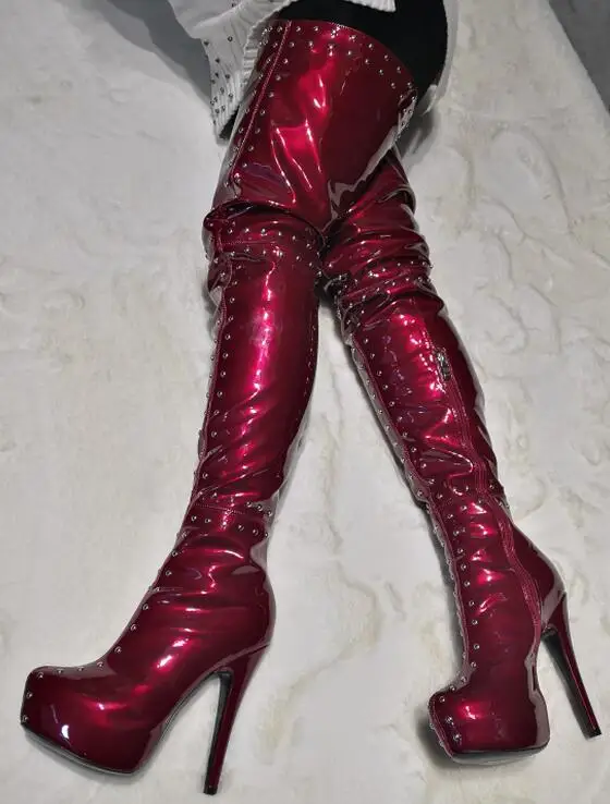 Wine red Г. Большие размеры 35-52, синие, винно-красные, на молнии, с заклепками, модные пикантные ботфорты выше колена на высоком каблуке, зима-осень, женские сапоги X1799 - Color: Wine red