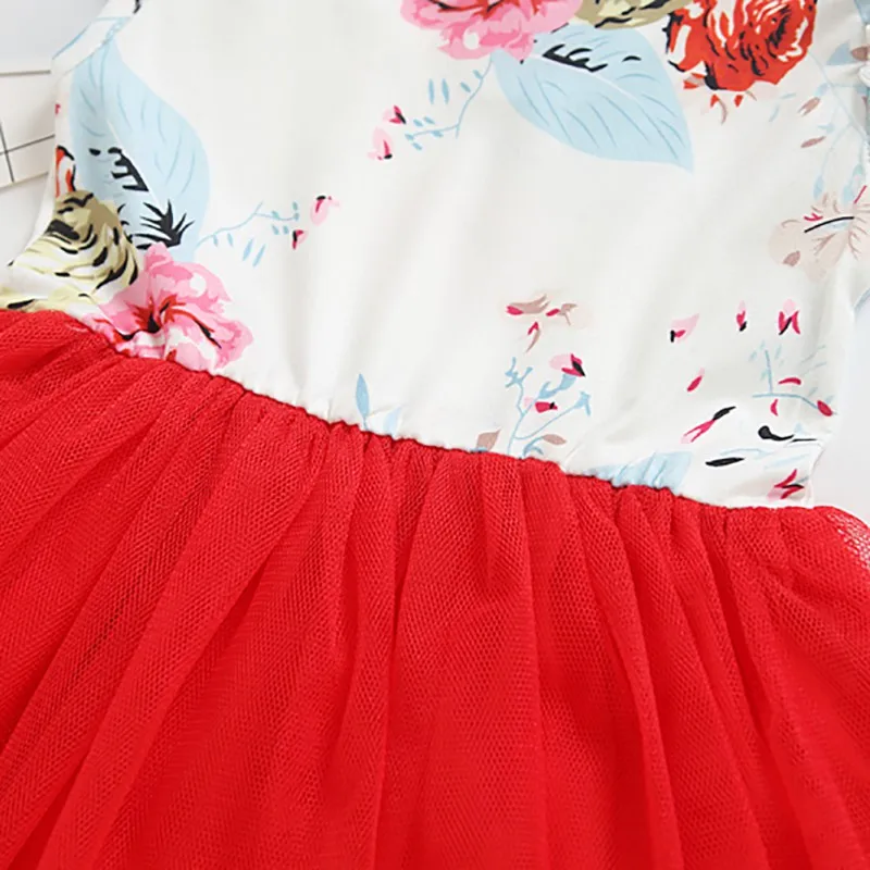Летнее платье для маленьких девочек красное Сетчатое с цветочным принтом из
