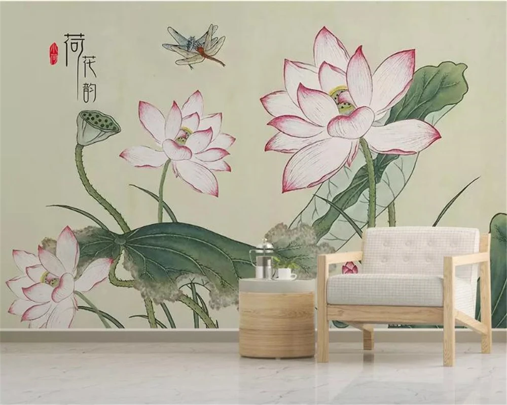 

Обои Beibehang на заказ, современные обои высокой четкости, маленькие свежие цветы лотоса, стрекоза, ручная роспись, фон для телевизора, Настенны...