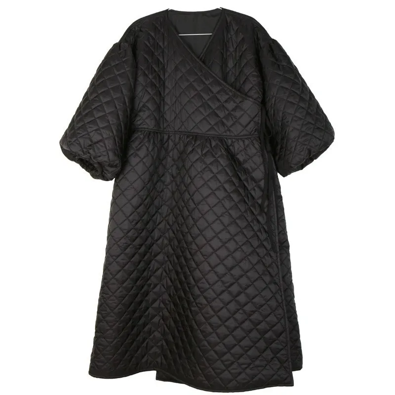 black TWOTWINSTYLE Argyle хлопковое пальто женское фонарь с длинным рукавом на шнуровке с высокой талией Длинная женская верхняя одежда корейская винтажная мода - Цвет: black