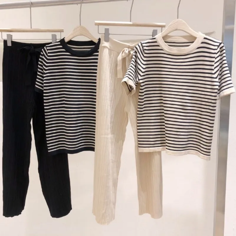 

Knitting Pants Set Women Short Sleeve Striped Short T-shirt + High Waist Wide Leg Pants Suit Female Two Pieces Set sweatsuit