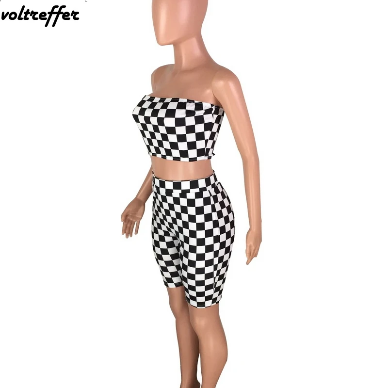 Black And White Plaid Print Strapless Playsuits For Women Two Piece Bandage Bodycon Bodysuit Knee Length Pants Suits Sexy Club | Женская