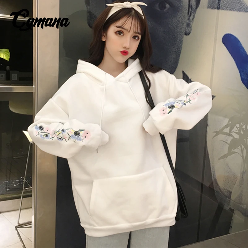 Толстовки Для женщин зимние теплые Harajuku рука худи с вышивкой Женская бархатная