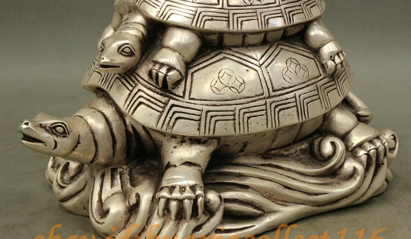 9 Folk Chinese Silver Animals Longevity 3 Dragon Gold Money Turtle XuanWu Statue |