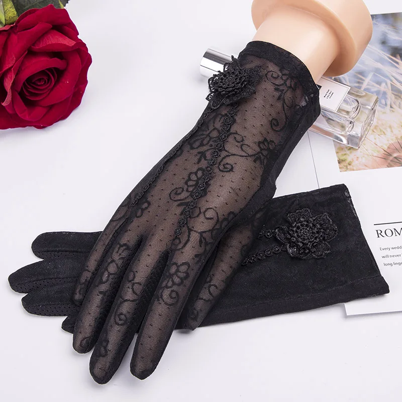 Big Floral Black Кружевные летние солнцезащитные Короткие наручные перчатки, весенние модные перчатки с сенсорным экраном и УФ-защитой от солнца, перчатки для вождения автомобиля, вечерние женские перчатки Guantes Mujer - Цвет: Big Floral Black